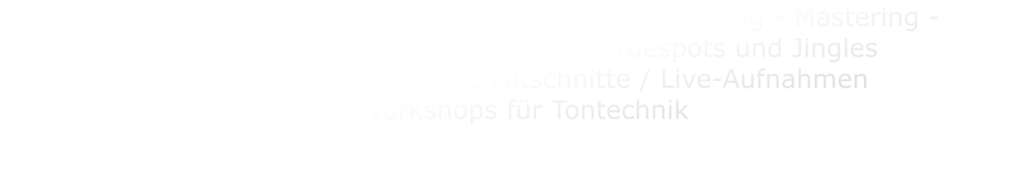 Hochwertige Musikproduktionen - Recording - Mixing - Mastering - Arrangements - Kompositionen - Werbespots und Jingles  - eigenes Label - Konzert-Mitschnitte / Live-Aufnahmen  - Workshops für Tontechnik